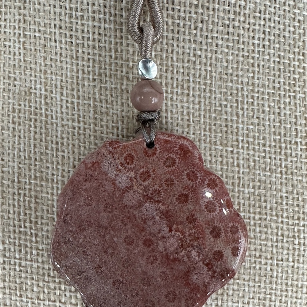 Pink Coral Fossil Sleeping Nine Tail Fox Pendant Necklace; Adjustable Rope - Picture 12 of 16